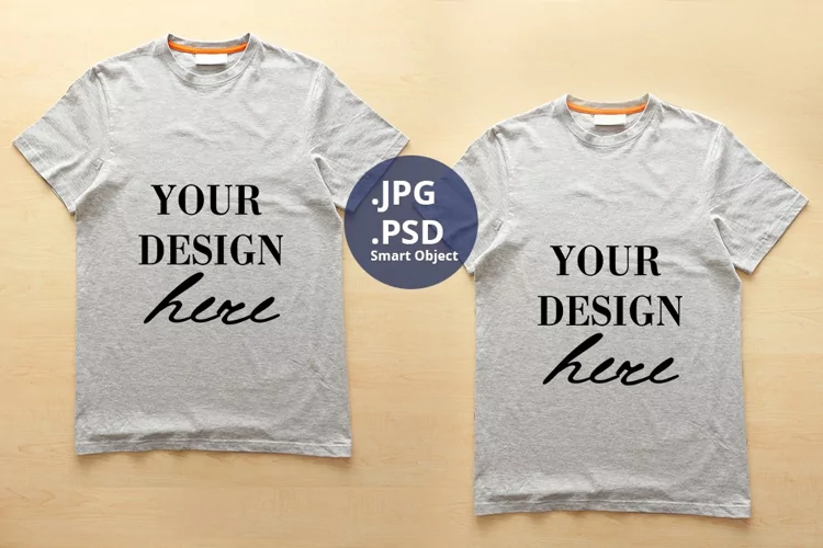 Two Gray Unisex T-shirts Mockup, PSD Mockup JPG