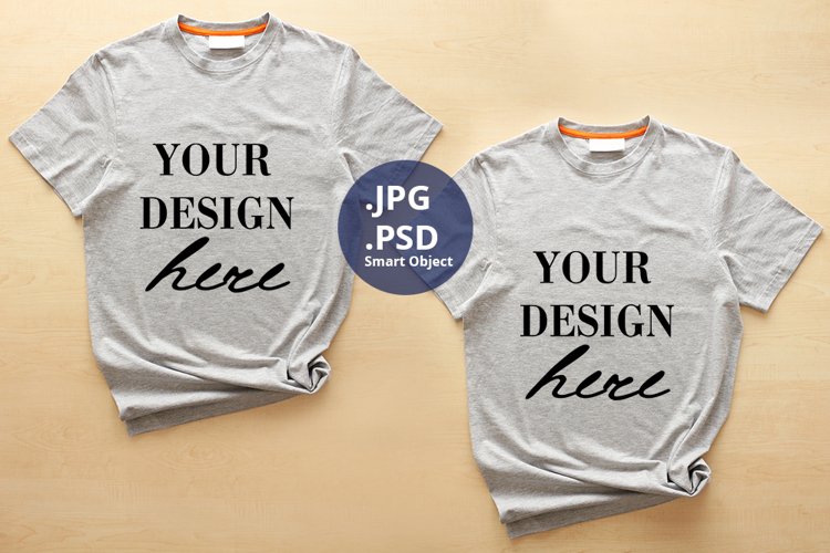 Two Gray Unisex Female T-shirts Mockup, PSD Mockup JPG example image 1