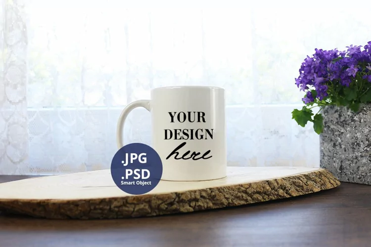 White Coffee mug Mockup Flower background 11oz mug, PSD Mock