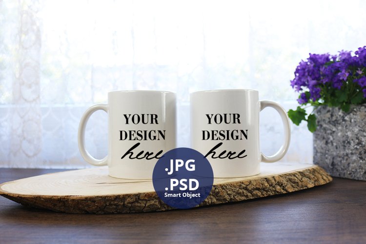 Two White Coffee mugs Mockup Flower background, PSD Mockup example image 1