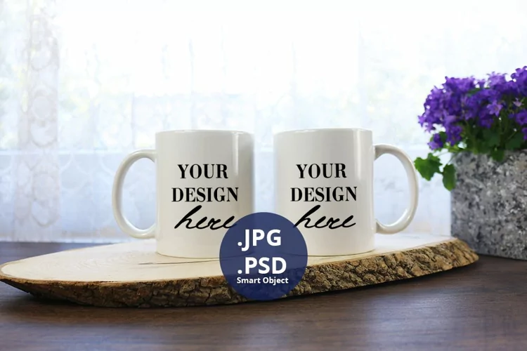 Two White Coffee mugs Mockup Flower background, PSD Mockup