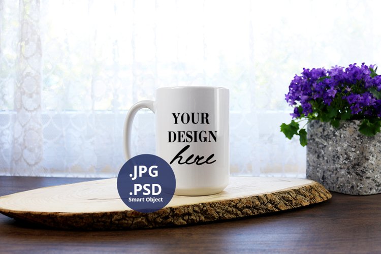15oz Coffee mug Mockup Flower background White mug, PSD Mock example image 1