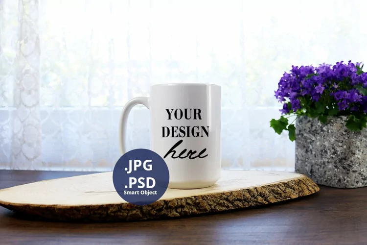15oz Coffee mug Mockup Flower background White mug, PSD Mock