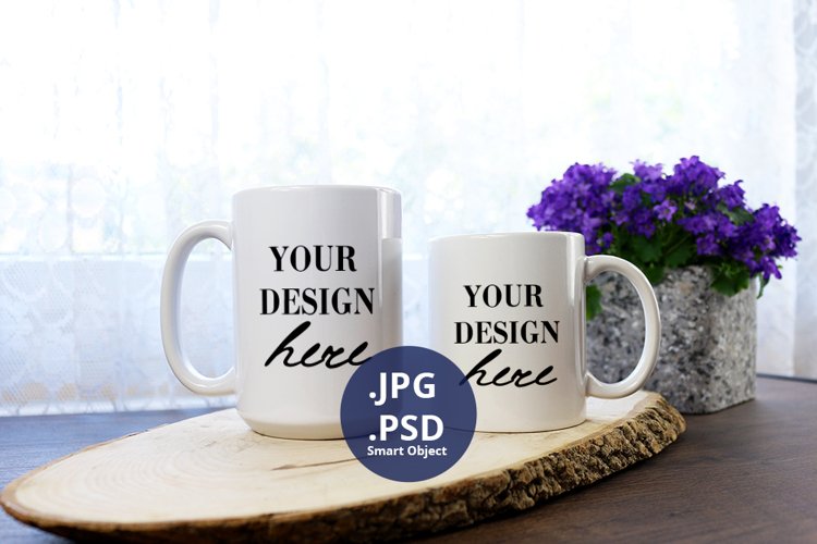 15 and 11oz Coffee mugs Mockup Flower background, PSD Mockup example image 1
