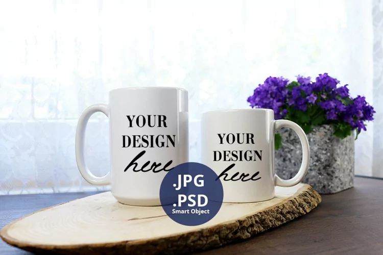 15 and 11oz Coffee mugs Mockup Flower background, PSD Mockup