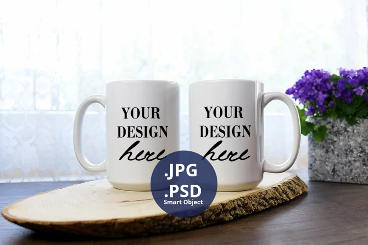 Two 15oz Coffee mugs Mockup Flower background White mugs PSD
