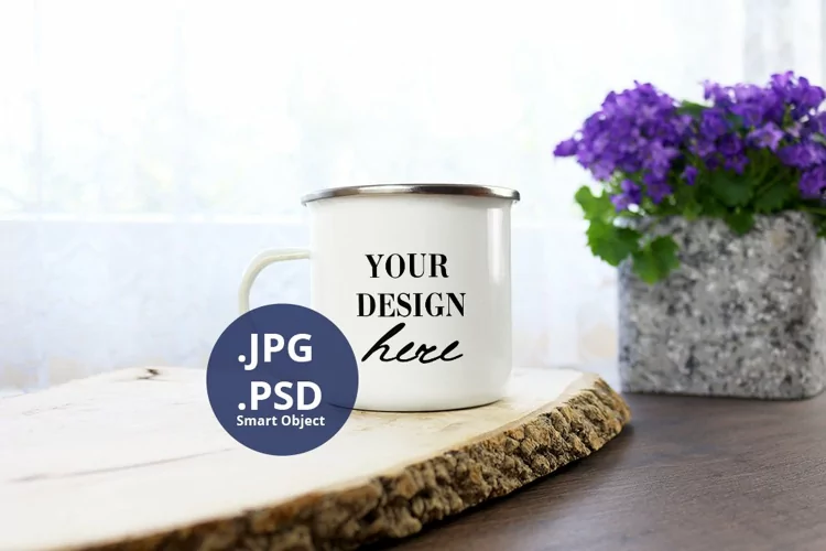 Camping mug Mockup Flower background White mug, PSD Mockup