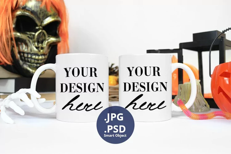 Two 11oz Mugs mockup Halloween, Double Mug Mockup Skull
