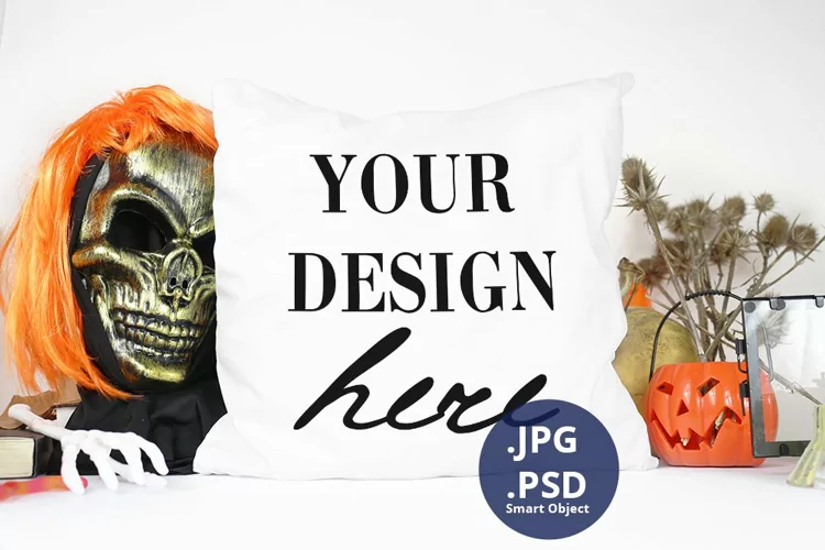 White Pillow Halloween background Mockup, PSD Mockup