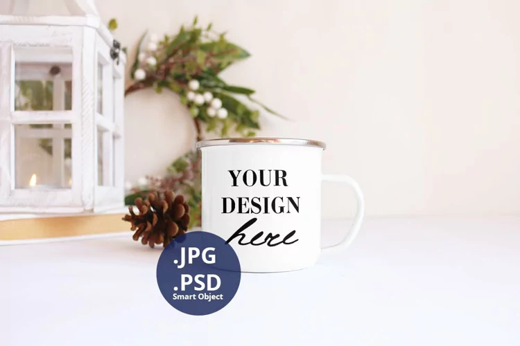 White camping mug Christmas Mockup PSD, JPG mockup