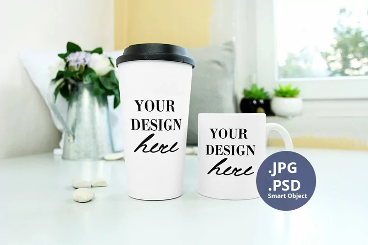 Travel mug & 11oz coffee mug mockup PSD, Neutral background