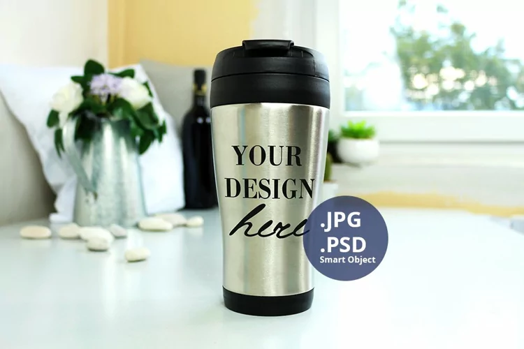Stainless Travel cup mockup PSD, Neutral background PSD mock