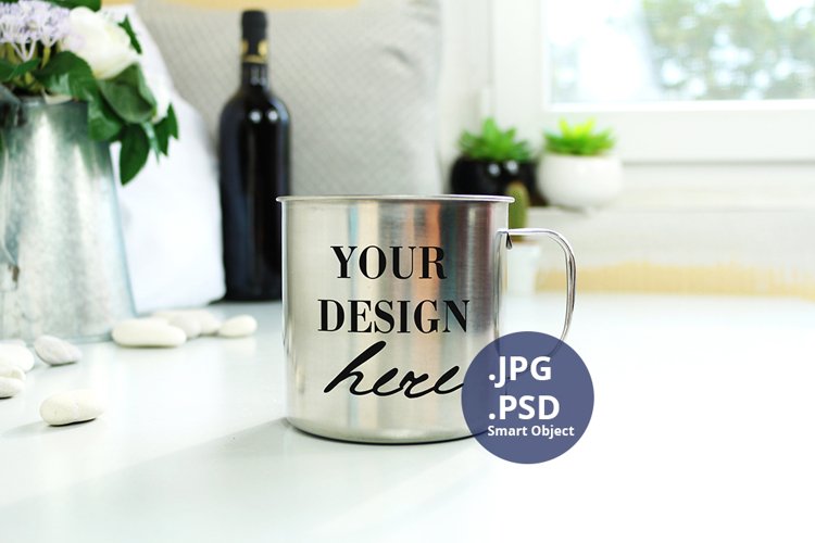 Stainless Steel camping mug mockup PSD, Neutral background example image 1