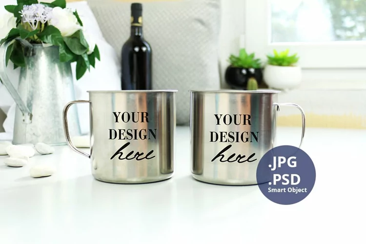 2 Stainless Steel camping mugs mockup PSD, Plain background
