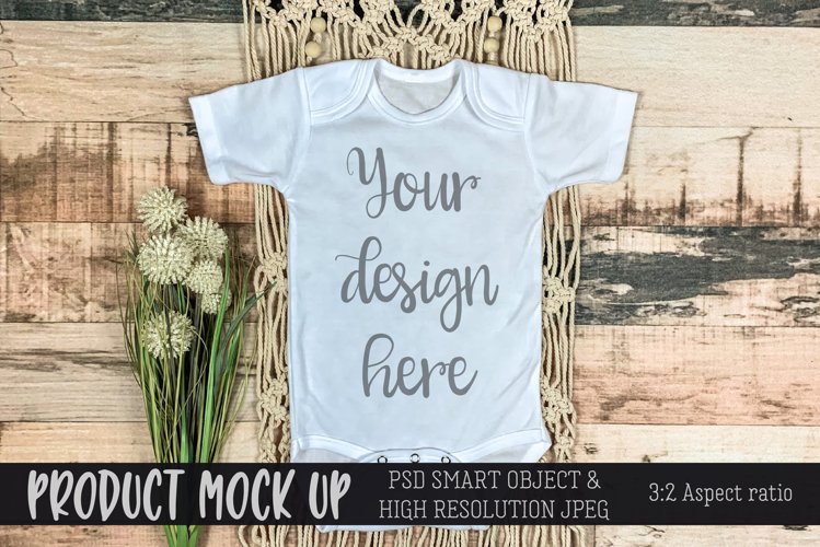 Baby bodysuit boho on natural wood MOCKUP example image 1