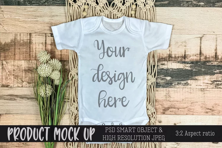 Baby bodysuit boho on natural wood MOCKUP