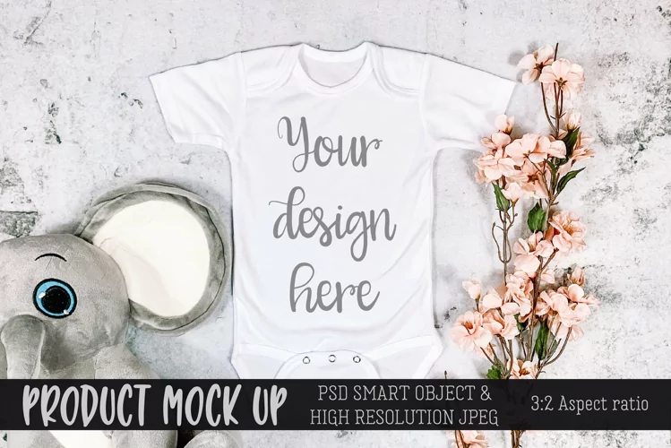 Baby bodysuit with elephant and flowers MOCKUP