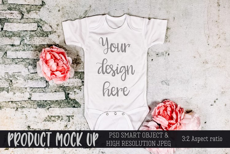 Baby bodysuit with flowers on brick MOCKUP example image 1