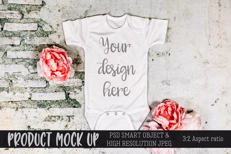 Baby bodysuit with flowers on brick MOCKUP