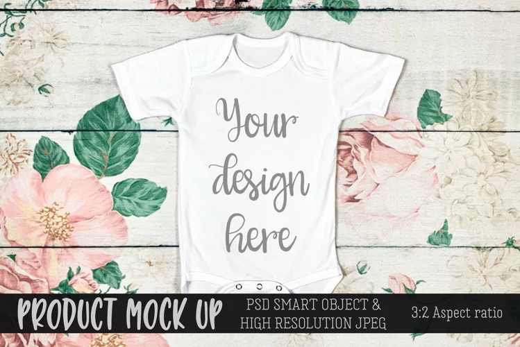 Baby bodysuit on flower background MOCKUP