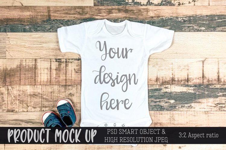 Baby bodysuit on natural wood MOCKUP