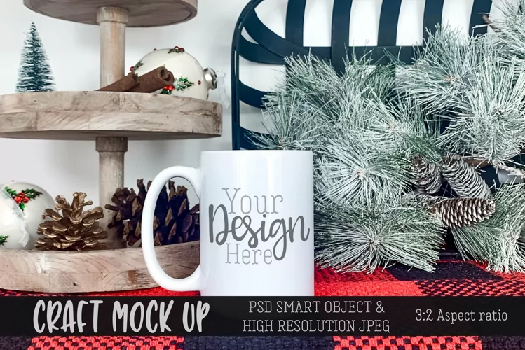 Christmas mug on plaid MOCKUP