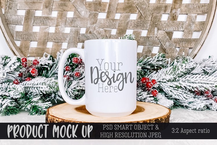 MOCKUP | Cozy Christmas mug on wood | PSD & JPG example image 1