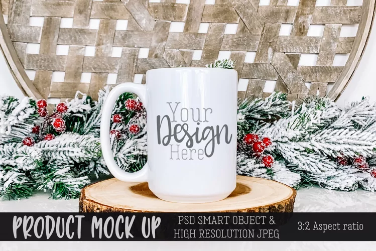 MOCKUP | Cozy Christmas mug on wood | PSD & JPG
