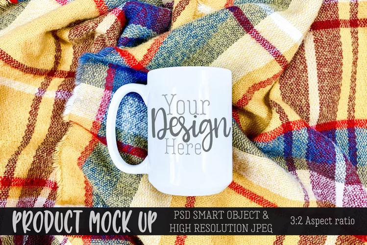 Mug on yellow plaid for sublimation MOCKUP