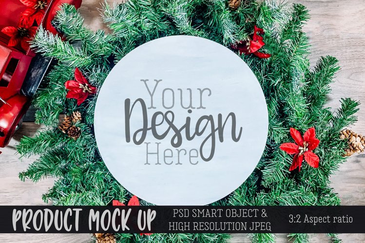 MOCKUP | White round wood sign for Christmas | PSD & JPG example image 1
