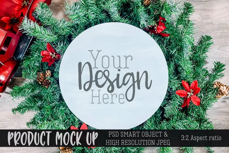 MOCKUP | White round wood sign for Christmas | PSD & JPG