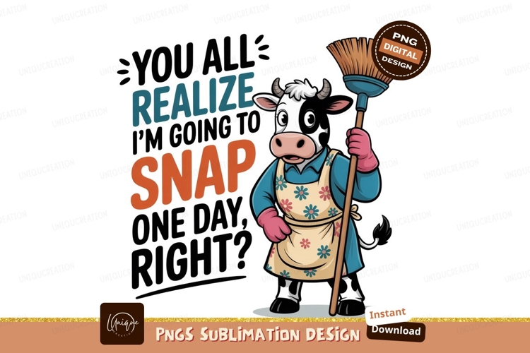 Cartoon cow holding broom with text cleaning apron