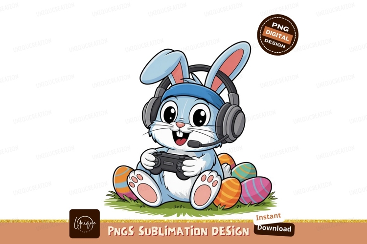 Blue bunny playing video games with headphones gaming