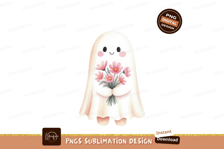 Cute ghost holding pink flowers bouquet