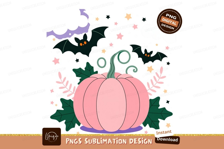 Pink pumpkin bats stars clouds flying