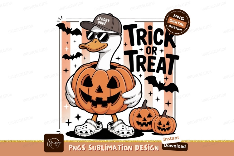 Duck wearing sunglasses and cap inside pumpkin halloween