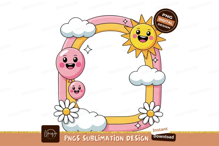 Cheerful sun balloons clouds daisies rainbow frame