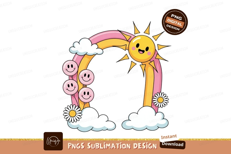 Smiling sun rainbow balloons flowers clouds smiley
