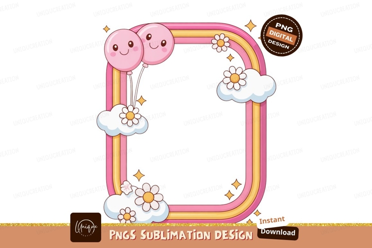 Pink balloon rainbow frame with clouds and flowers