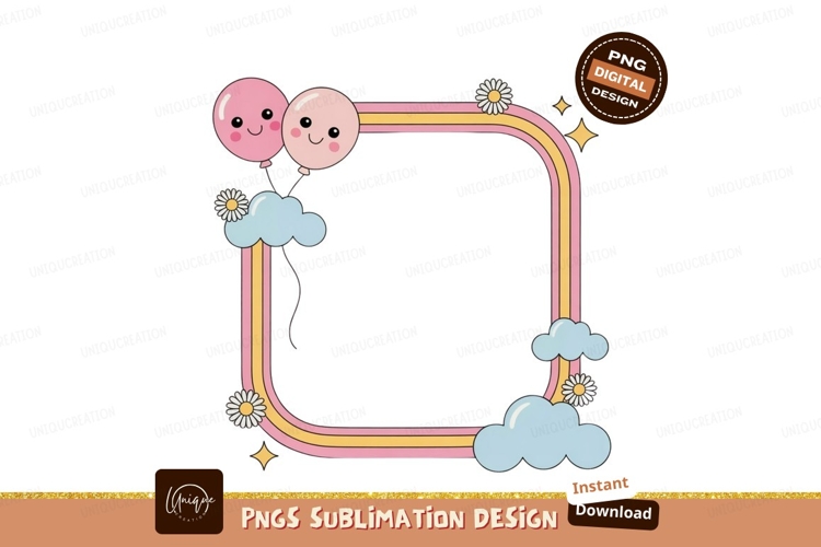Pink yellow rainbow frame with balloons blue clouds