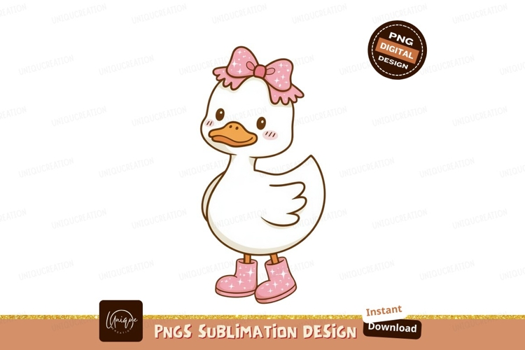 Cute white duckling wearing pink bow and boots image