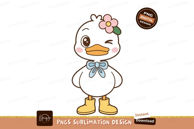 Cute white duck with pink flower and blue bow cartoon