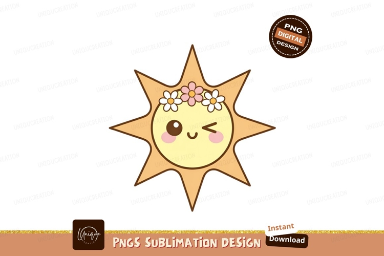Smiling sun wearing flower crown yellow