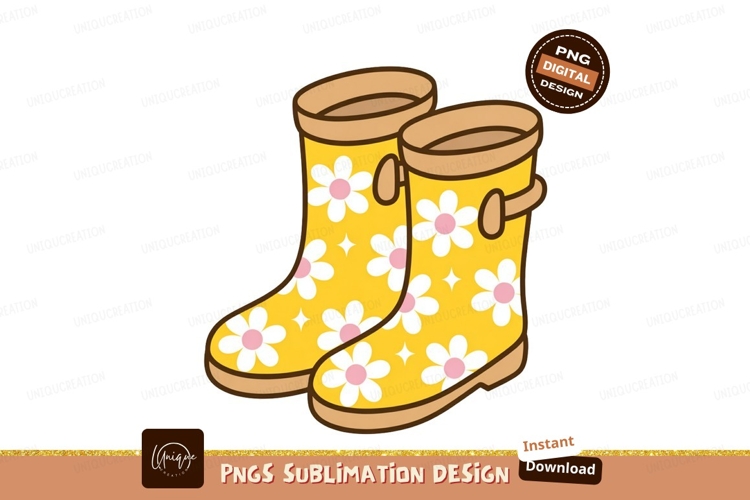 Yellow floral rain boots flowers pink