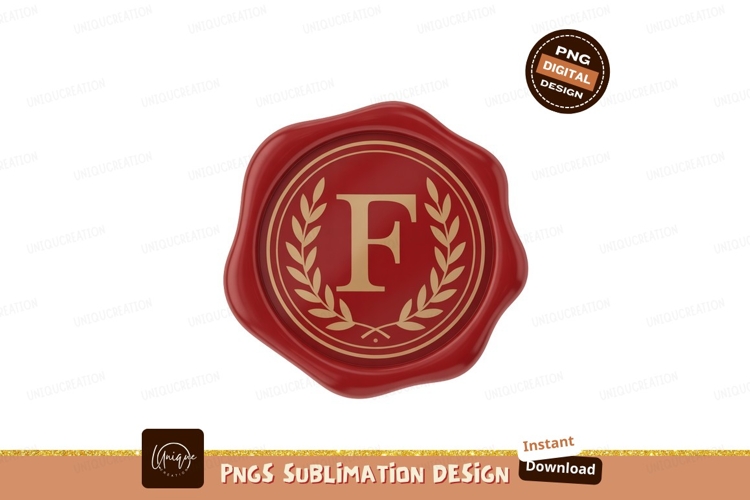 Red wax seal with golden laurel wreath and letter F