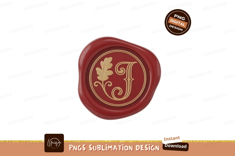 Red wax seal with gold letter J and oak leaf image