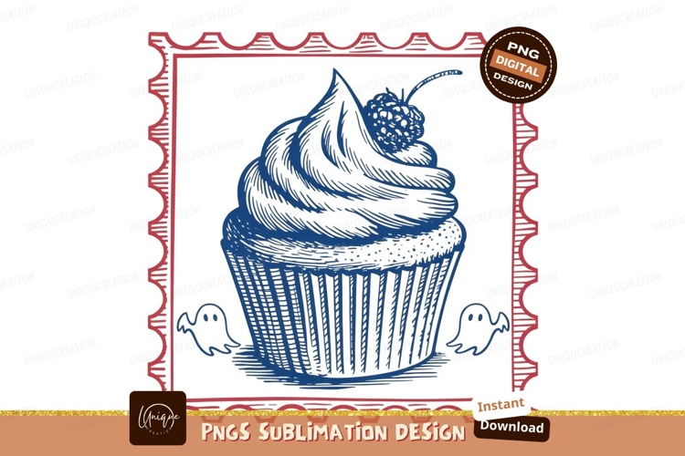 Blue cupcake with cherry and ghosts spooky