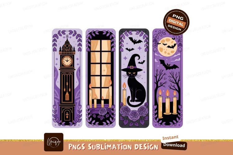 Halloween bookmarks with cat clock window moon witch