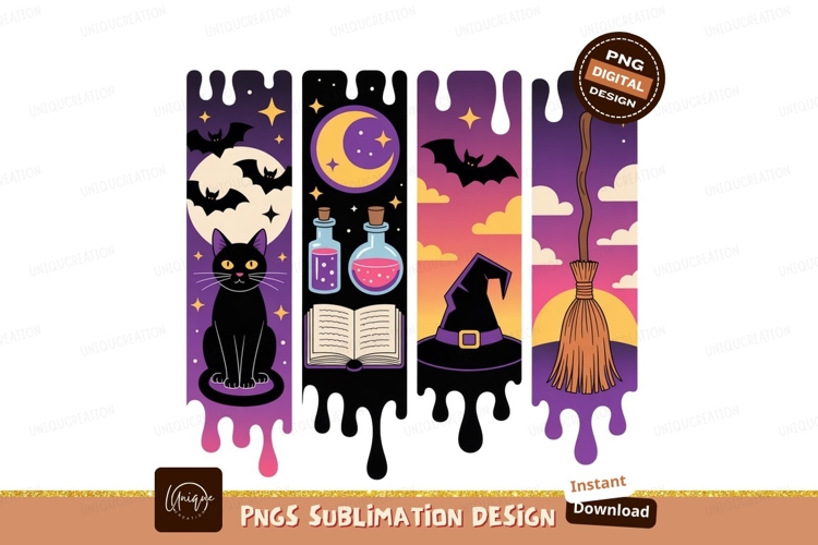 Black cat bats moon potion witch hat broom halloween
