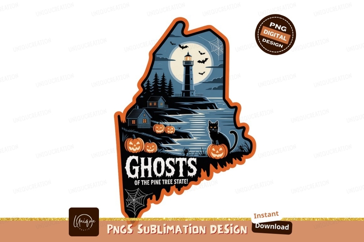 Maine Halloween night scene with lighthouse and cat